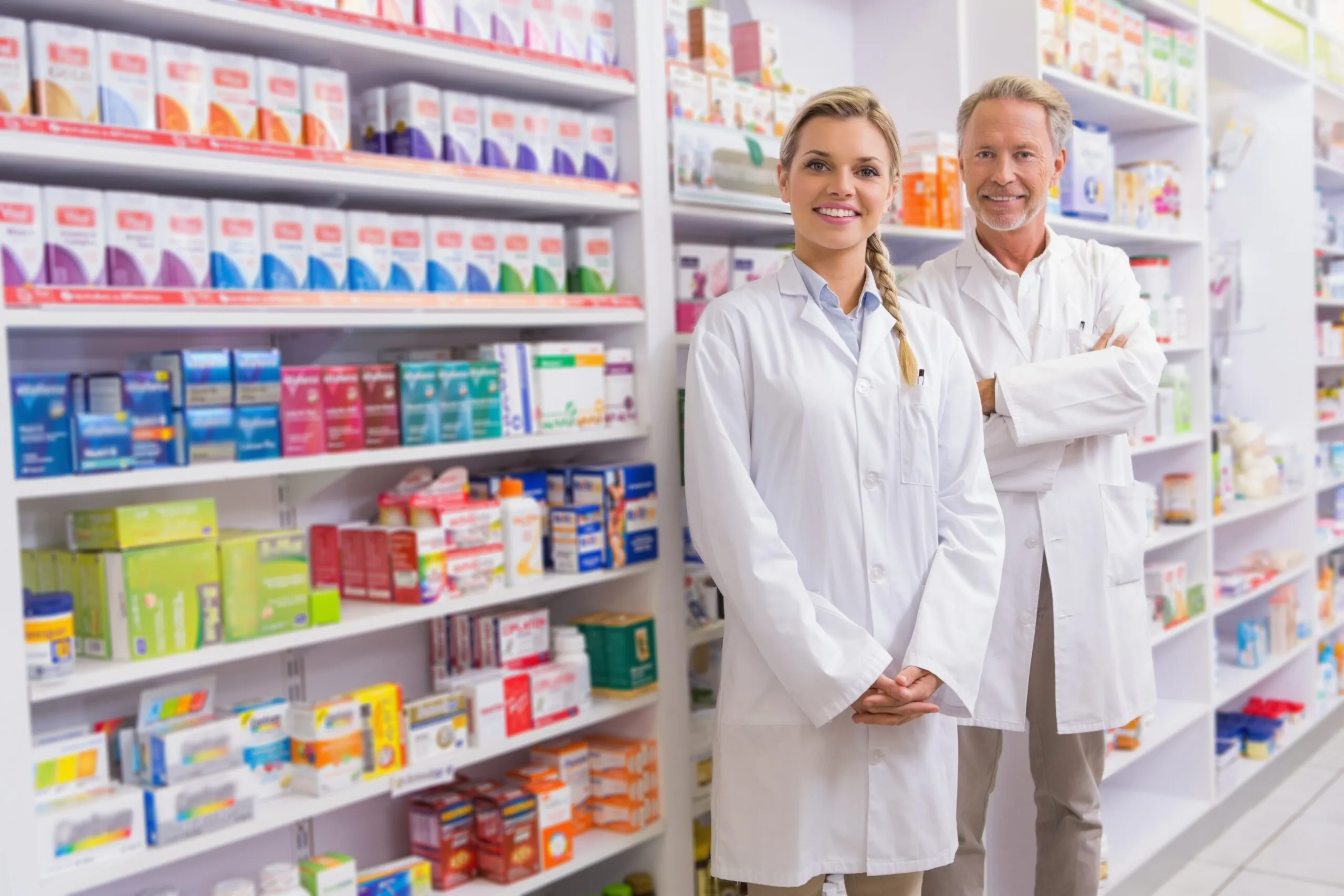Apothekerin und Apotheker in weißen Kitteln vor einem Regal in der Apotheke